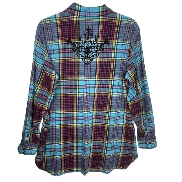 Soft Surroundings M Highlands Plaid Velvet Cuff Shirt Turquoise Pink Boho - Picture 2 of 14